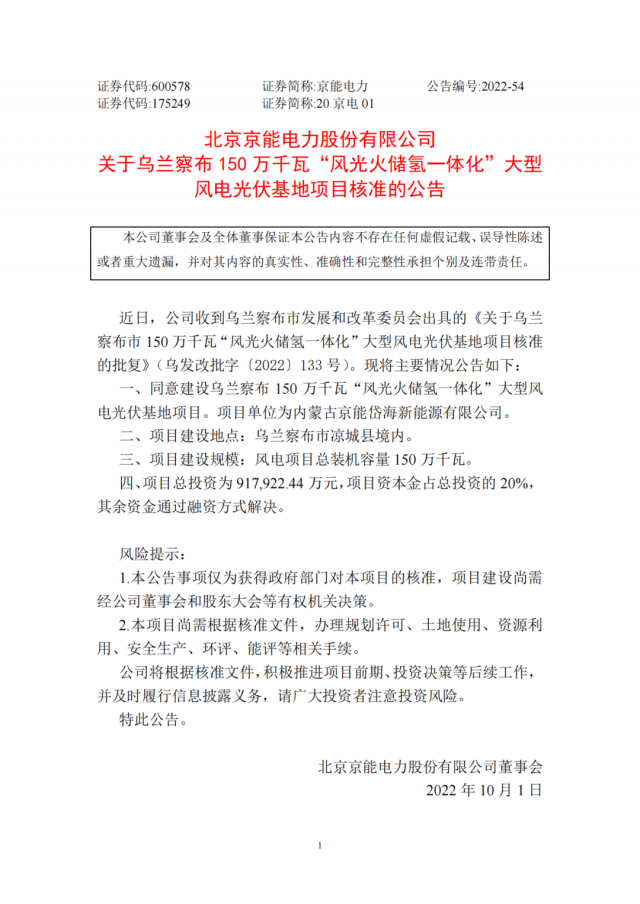 京能電力150萬千瓦“風光火儲氫”基地獲批！