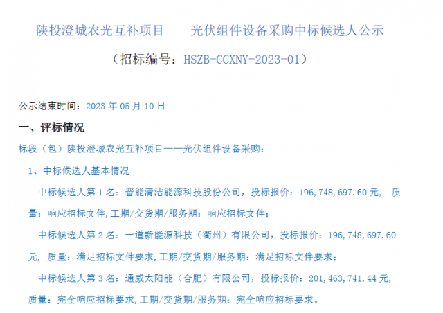 最低1.61元/W！這些企業(yè)擬中標陜投澄城農(nóng)光互補項目組件采購